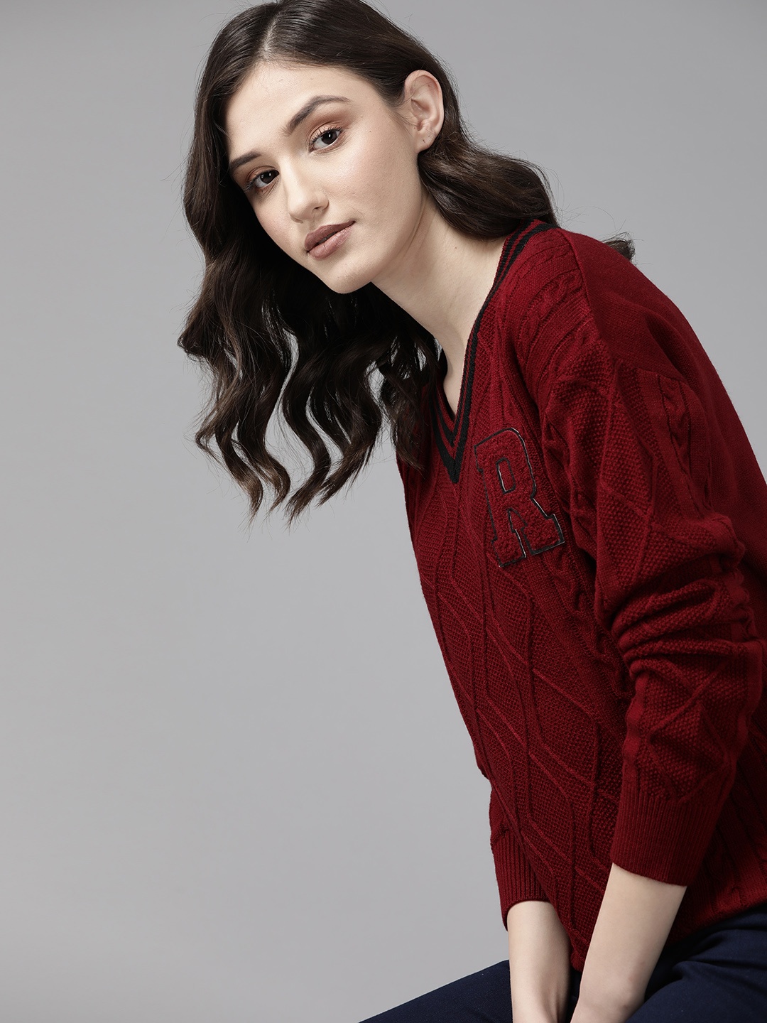 

The Roadster Lifestyle Co. Women Maroon Acrylic Cable Knit Pullover with Applique Detail