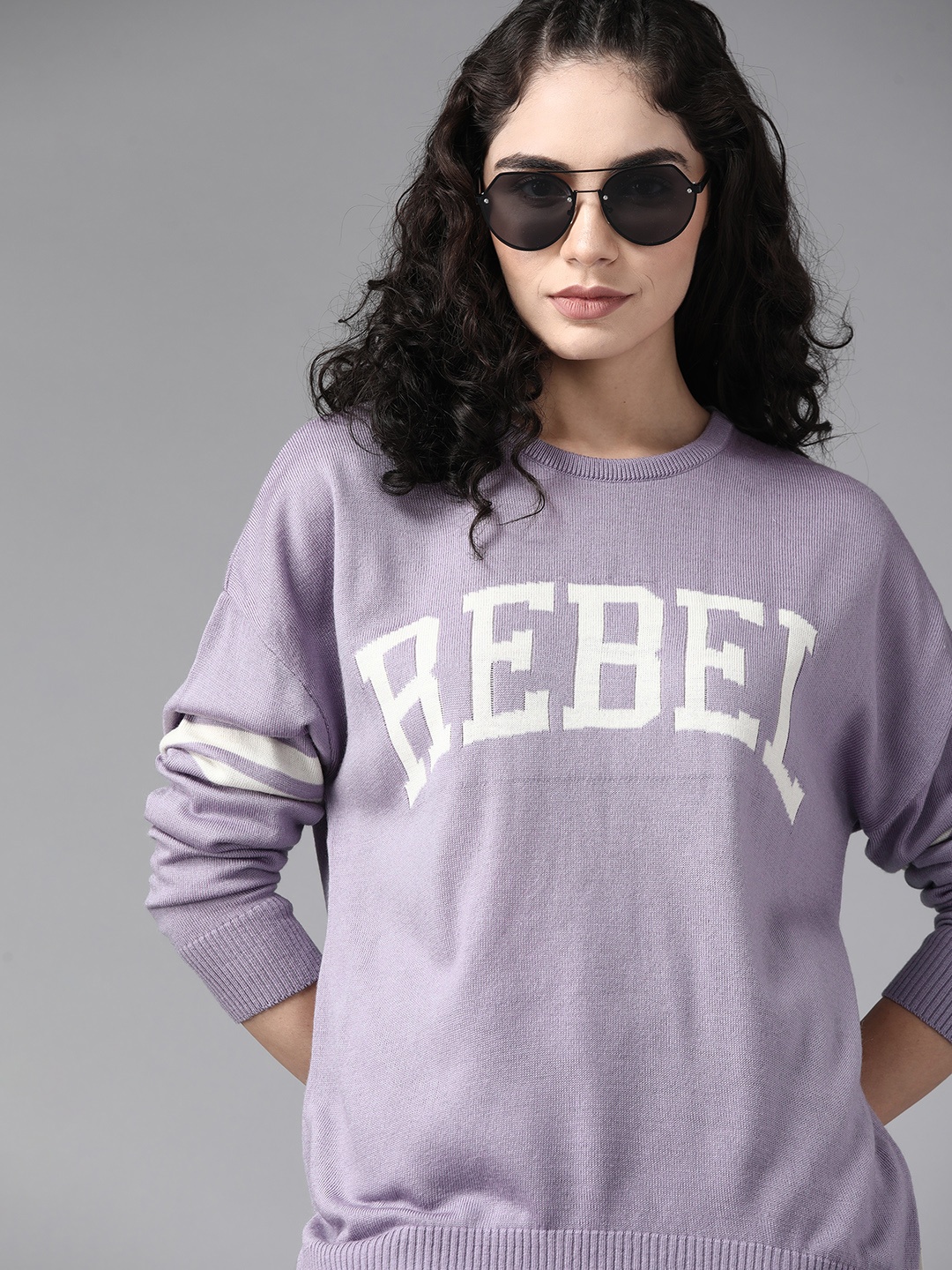 

The Roadster Lifestyle Co. Women Lavender & White Acrylic Typography Patterned Pullover