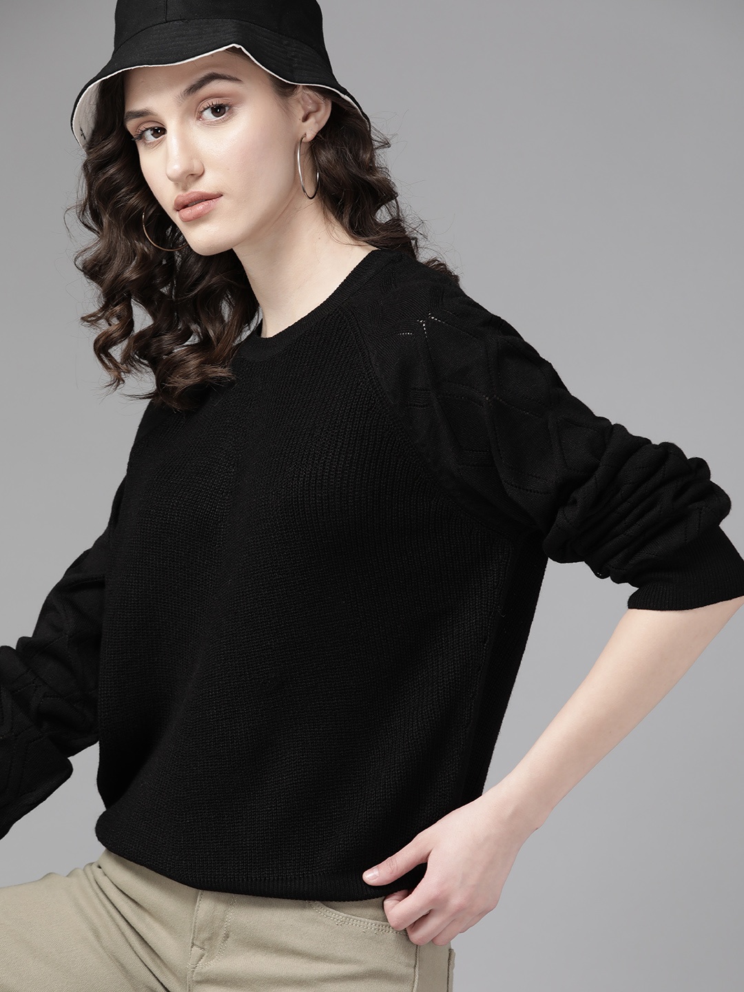 

The Roadster Lifestyle Co. Women Black Solid Acrylic Raglan Sleeves Pullover