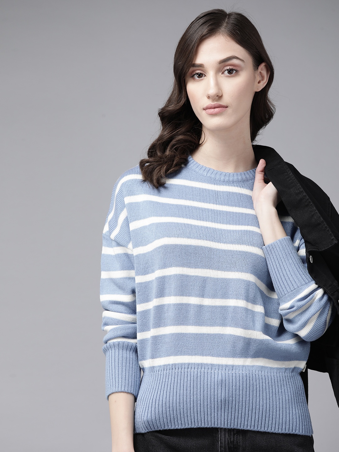 

The Roadster Lifestyle Co. Women Blue & White Striped Acrylic Sweater