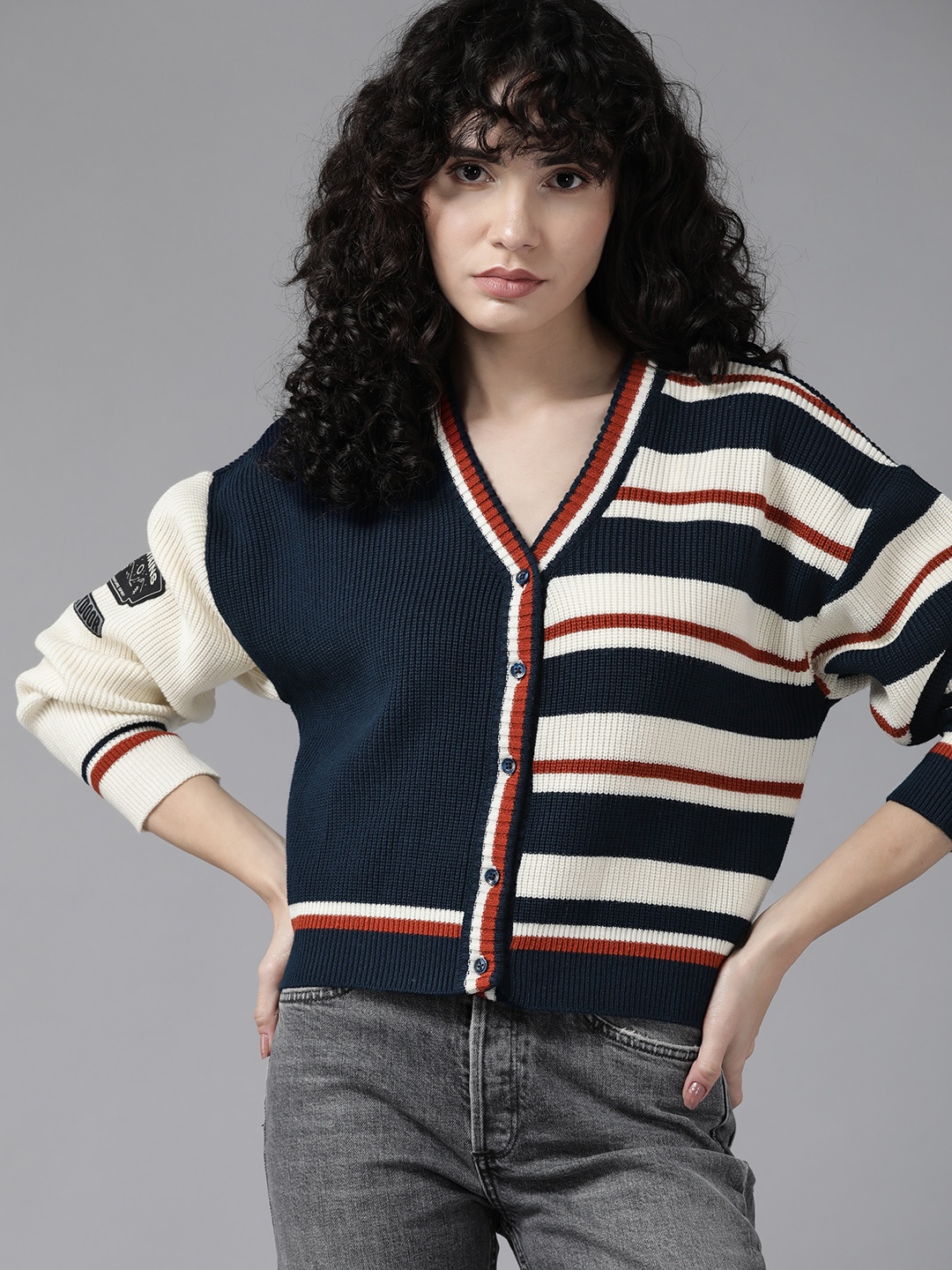 

Roadster Women Navy Blue & Cream-Coloured Striped Cardigan