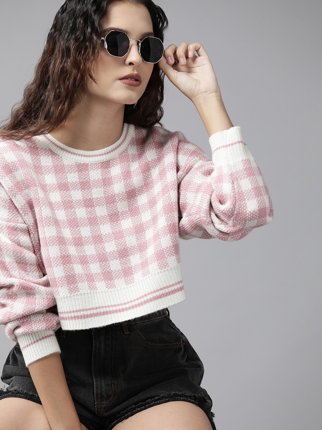 

Roadster Women Pink & White Checked Crop Pullover