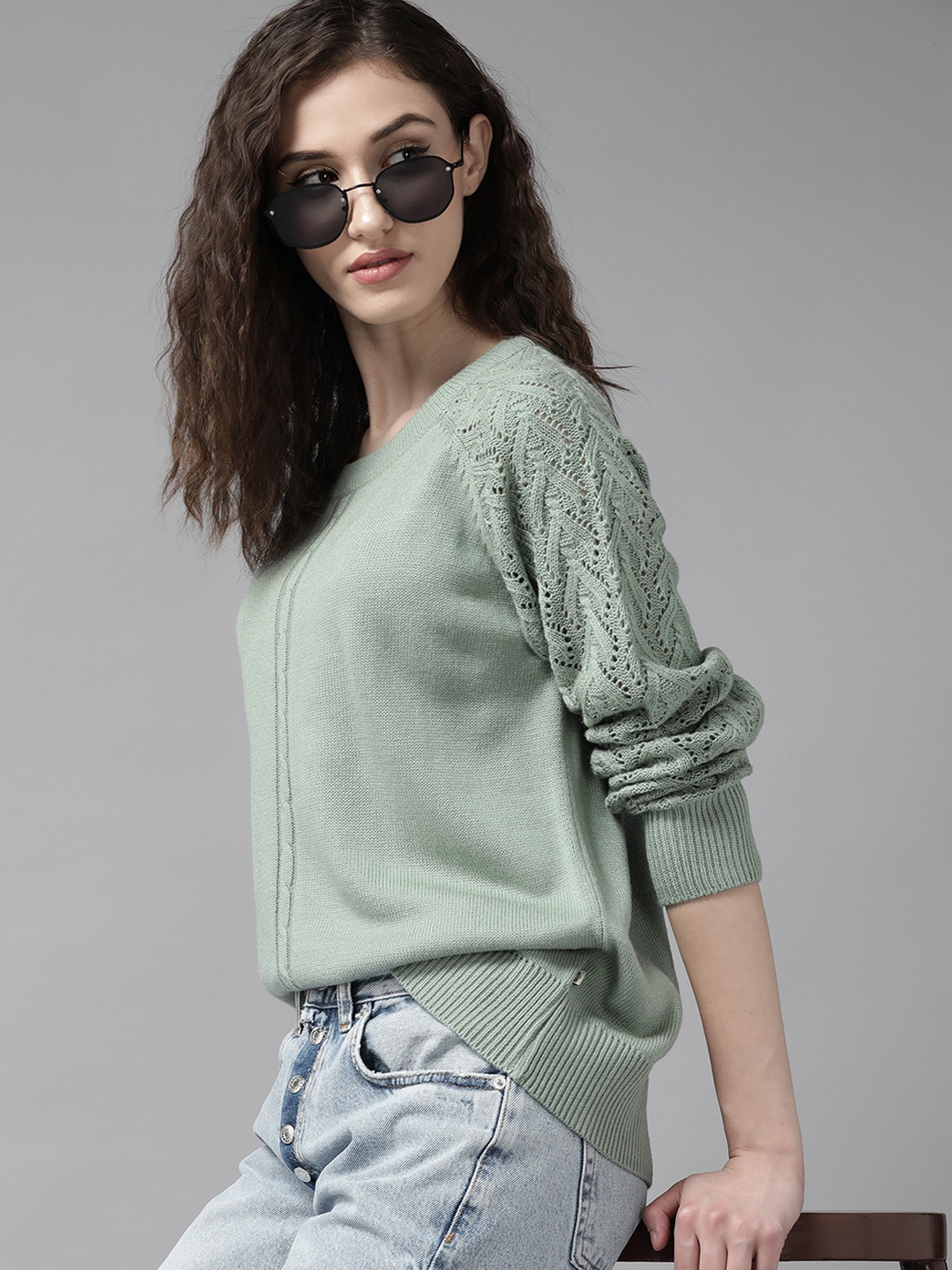 

The Roadster Lifestyle Co. Women Green Round Neck Cable Knitted Pullover