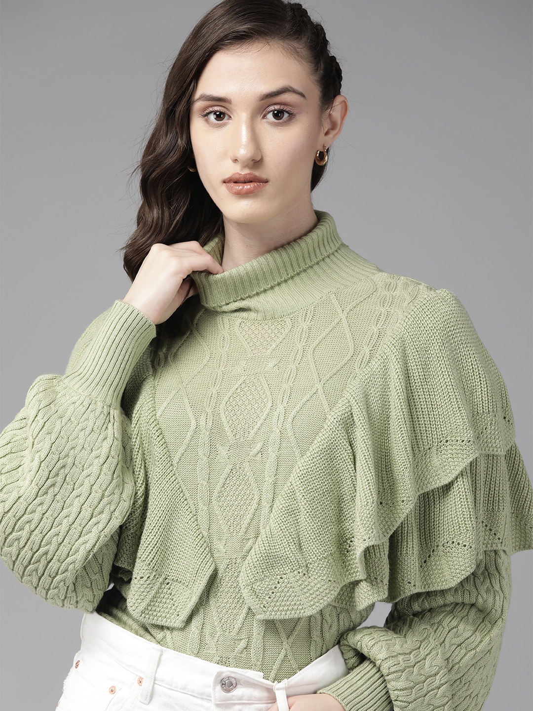

The Roadster Lifestyle Co. Women Green Cable Knit Ruffle Acrylic Sweater