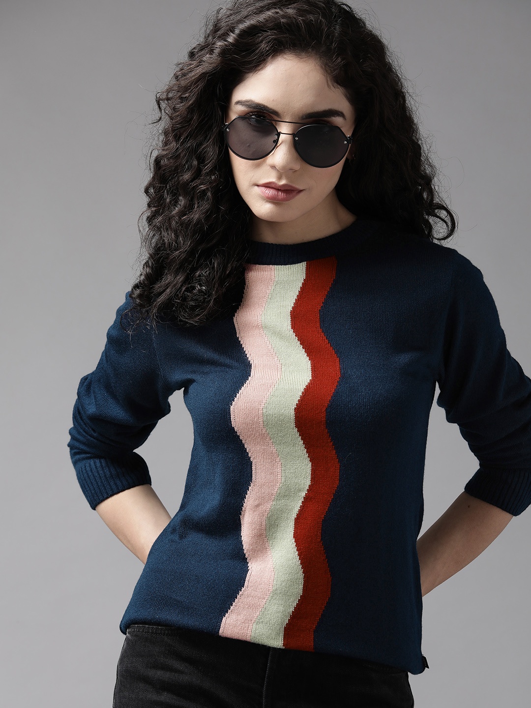 

The Roadster Lifestyle Co. Women Navy Blue & Maroon Striped Acrylic Sweater