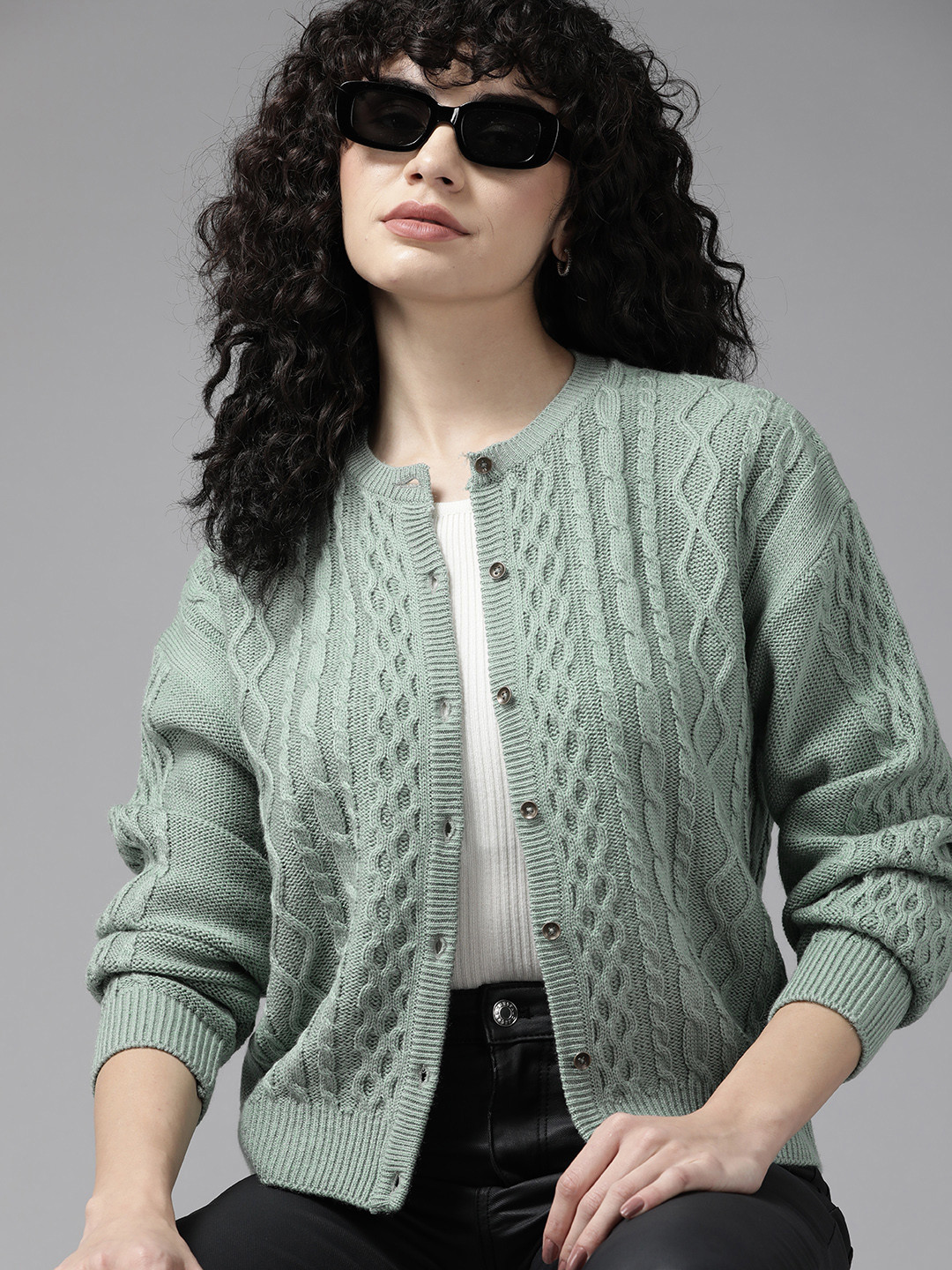 

The Roadster Lifestyle Co. Women Cable Knit Cardigan, Green