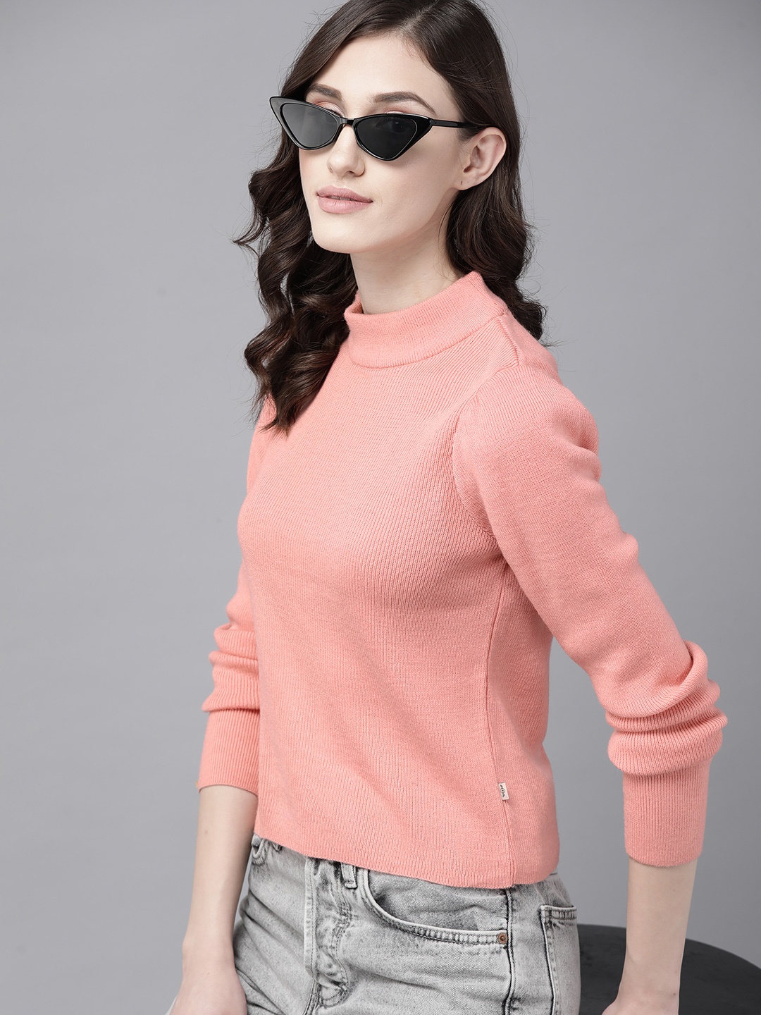 

The Roadster Lifestyle Co. Peach-Coloured Ribbed Acrylic Puff Sleeves Pullover