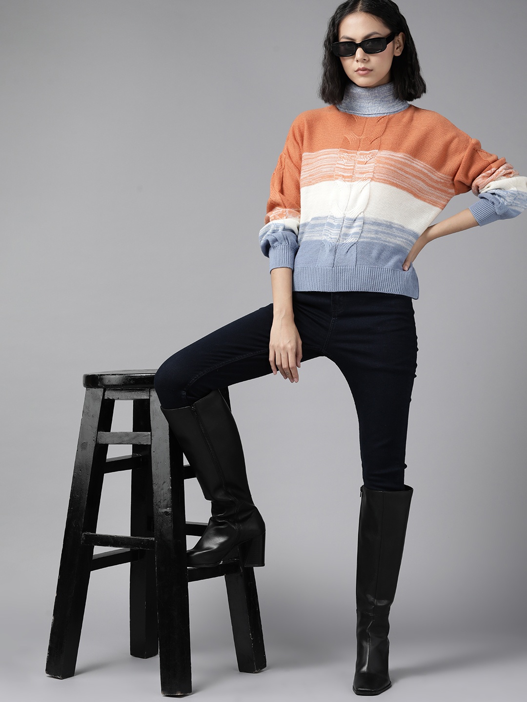 

The Roadster Lifestyle Co. Women Rust Orange & White Colourblocked Cable Knit Pullover