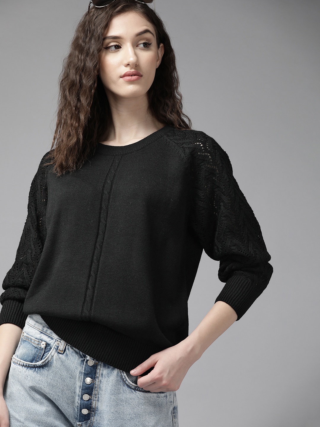 

The Roadster Lifestyle Co. Women Black Round Neck Cable Knitted Pullover