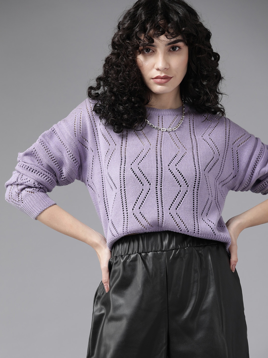 

Roadster Women Lavender Open-Knit Drop Shoulder Sleeves Pullover