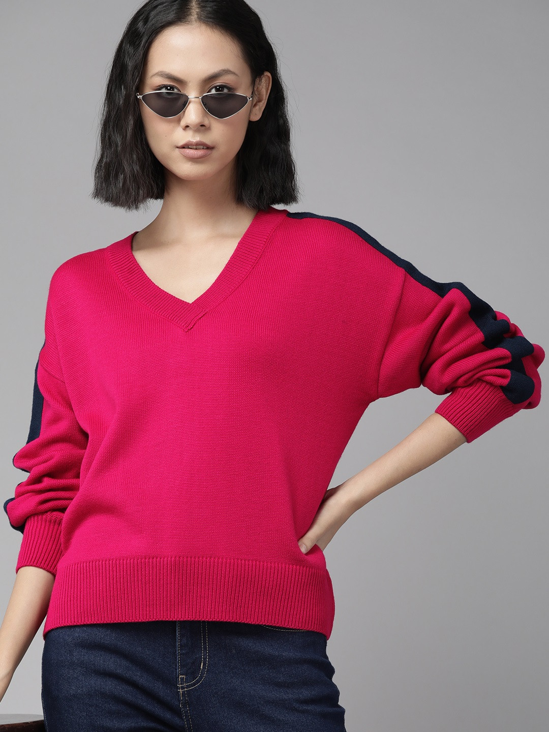 

Roadster Women Magenta Solid Acrylic Drop-Shoulder Pullover
