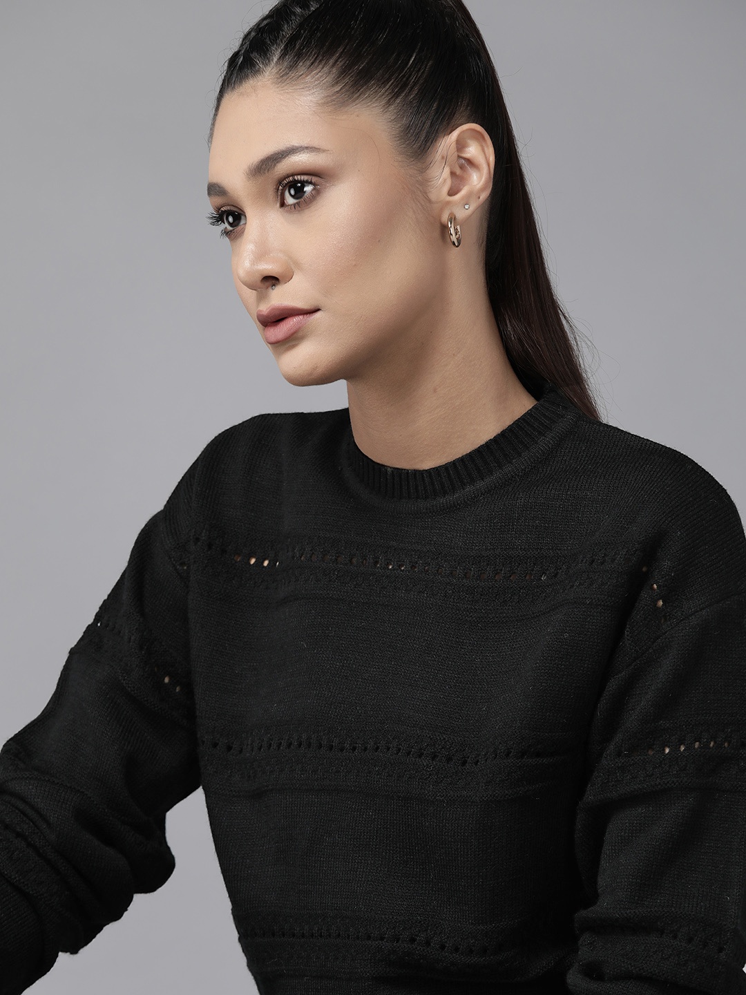 

Roadster Women Black Cable Knit Pullover