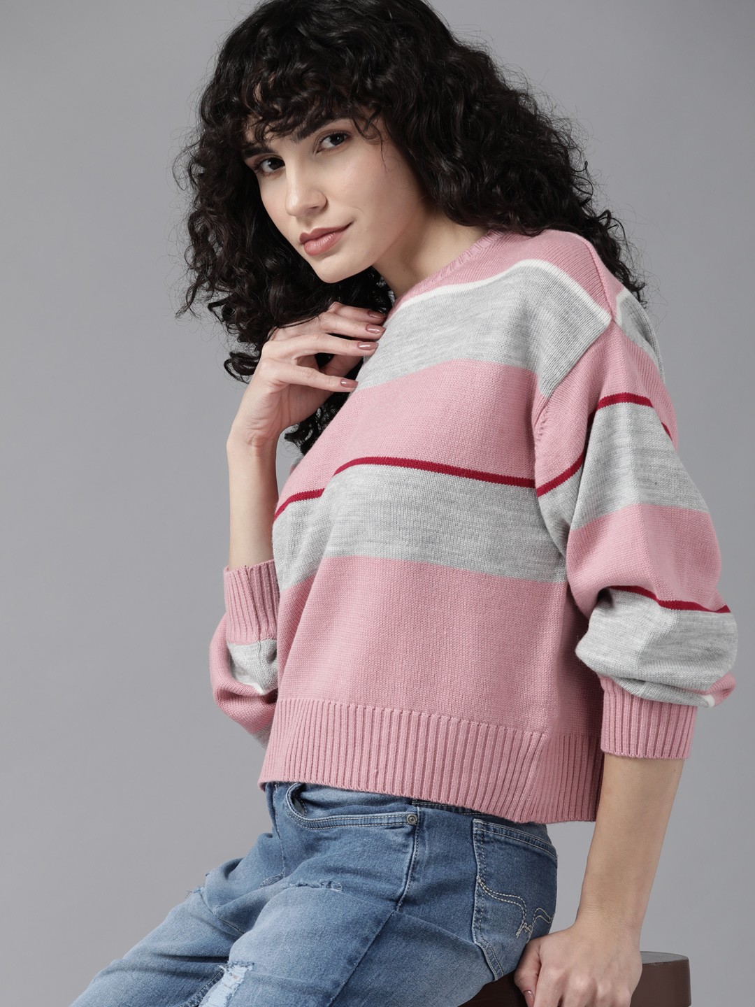 

Roadster Women Pink & Grey Melange Striped Pullover