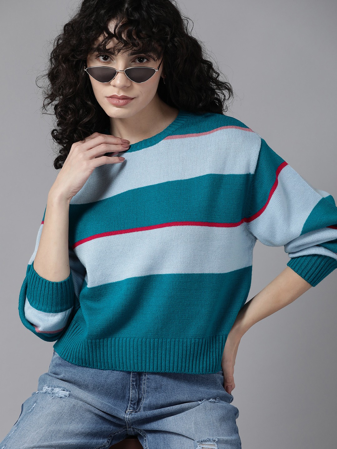

Roadster Women Green & Blue Striped Pullover