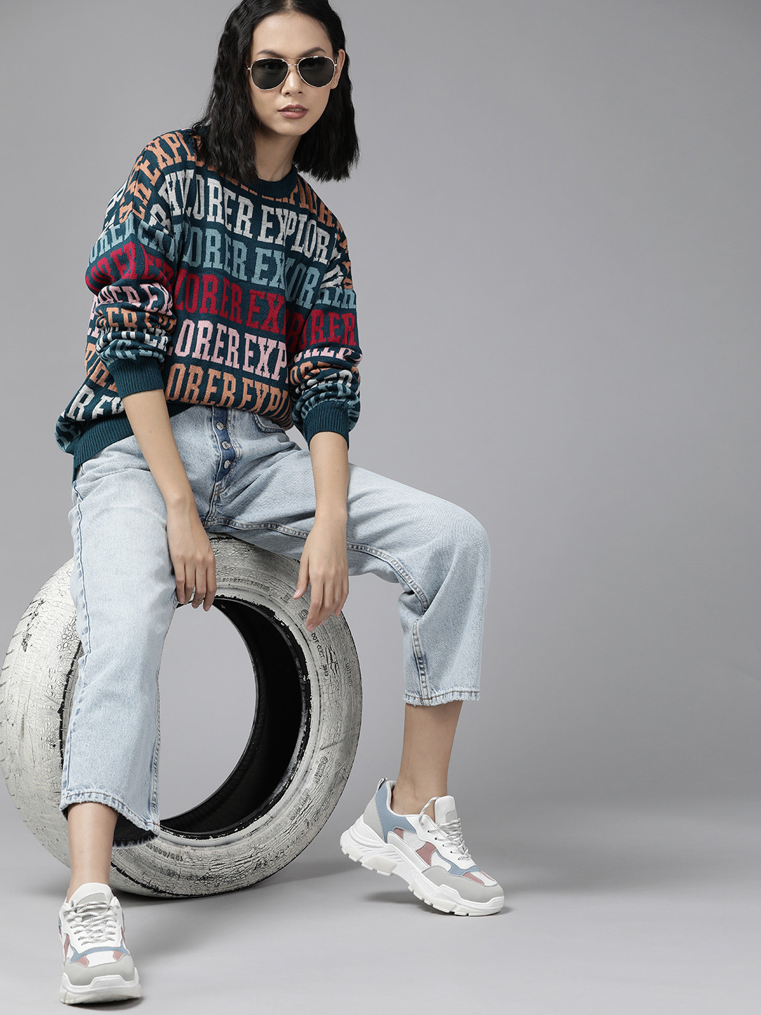 

The Roadster Lifestyle Co. Women Teal Green & Red Typography Pattern Acrylic Pullover