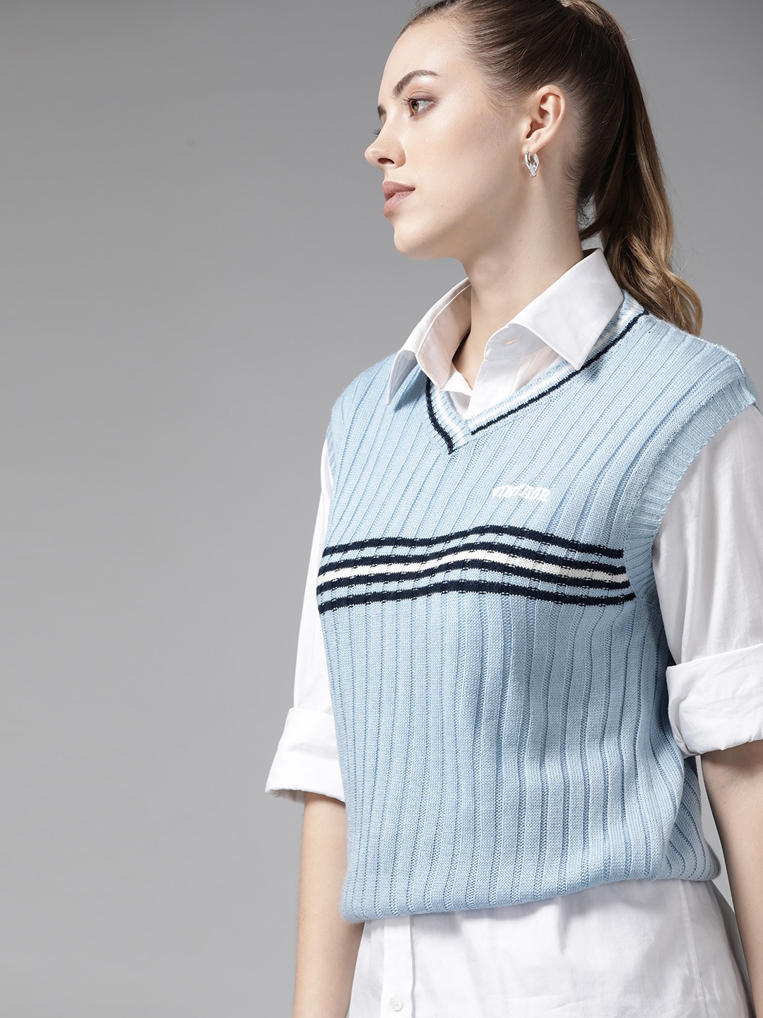 

Roadster Women Blue Striped Sweater Vest