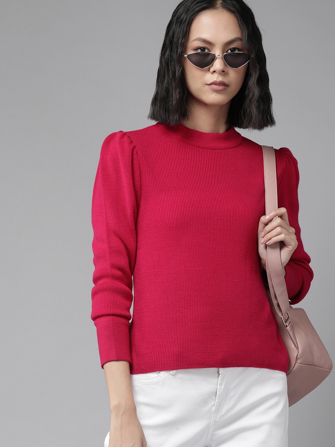 

The Roadster Lifestyle Co. Women Pink Acrylic Puff Sleeves Pullover