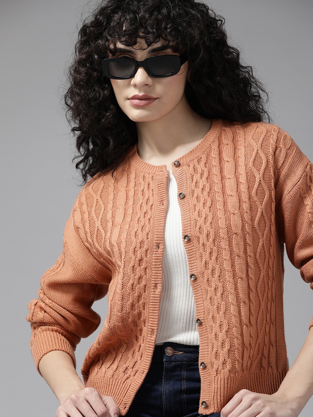 

The Roadster Lifestyle Co. Women Cable Knit Cardigan, Orange