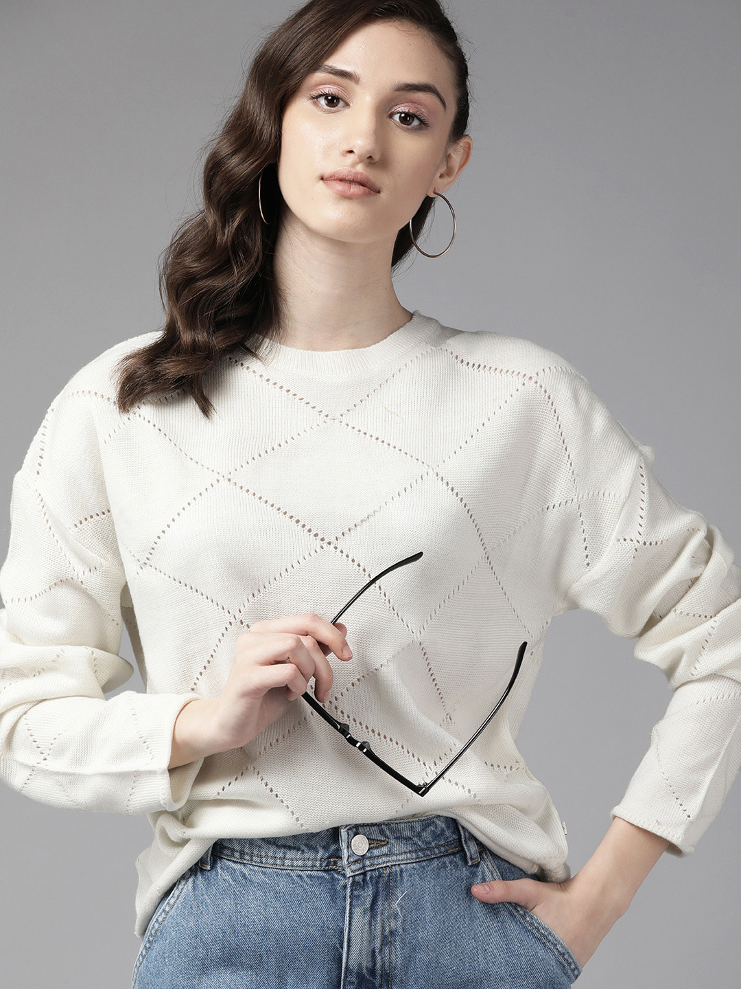 

The Roadster Lifestyle Co. Women White Self-Design Acrylic Sweater