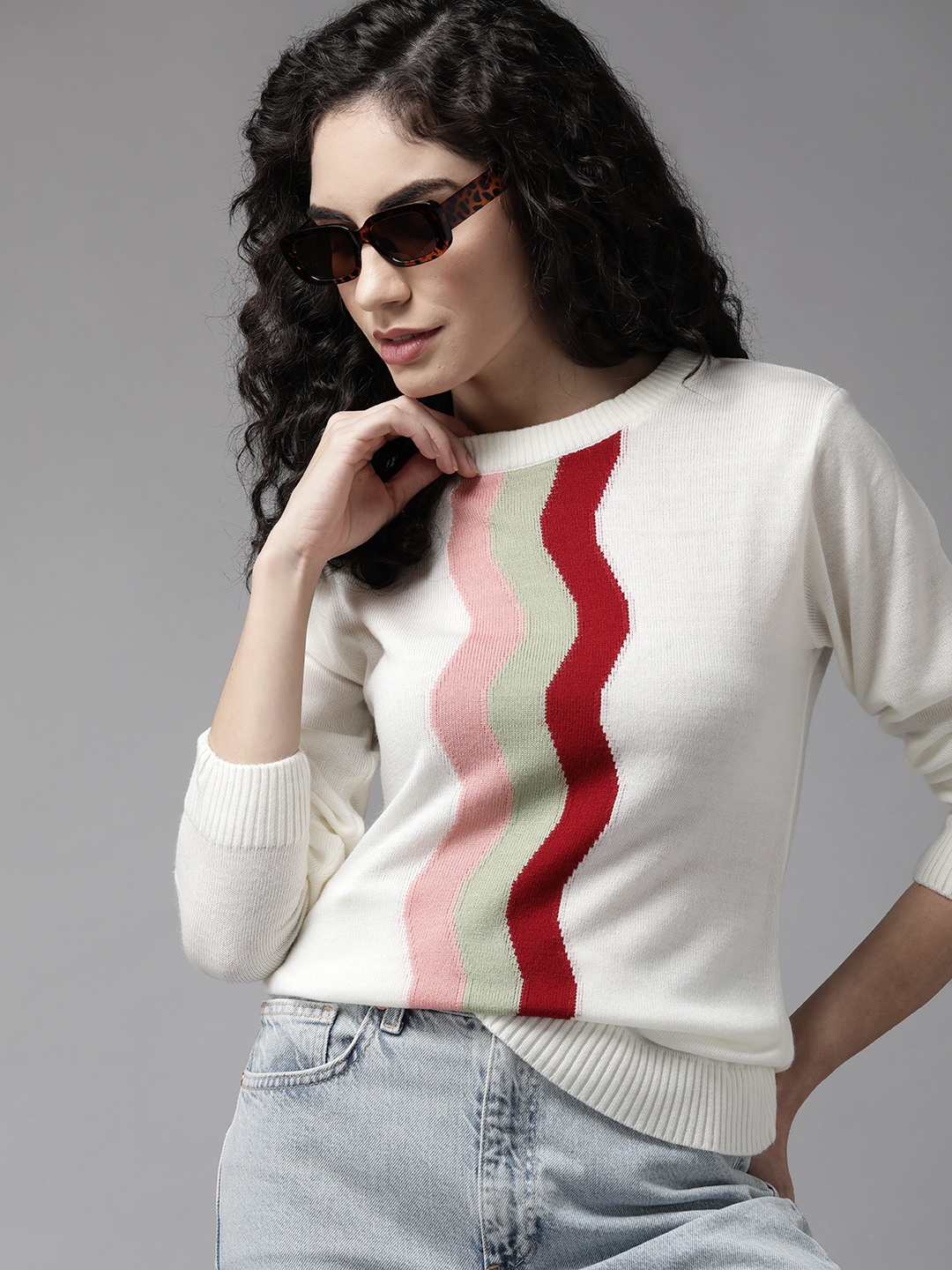 

The Roadster Lifestyle Co. Women Off White & Maroon Striped Acrylic Sweater