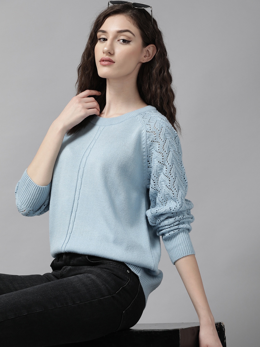 

The Roadster Lifestyle Co. Women Blue Acrylic Open Knit Detail Pullover