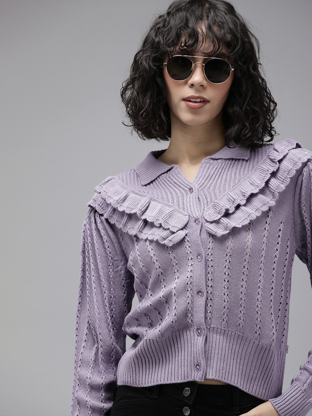 

The Roadster Lifestyle Co. Acrylic Self Design Cable Knit Ruffle Detail Cardigan Sweaters, Lavender