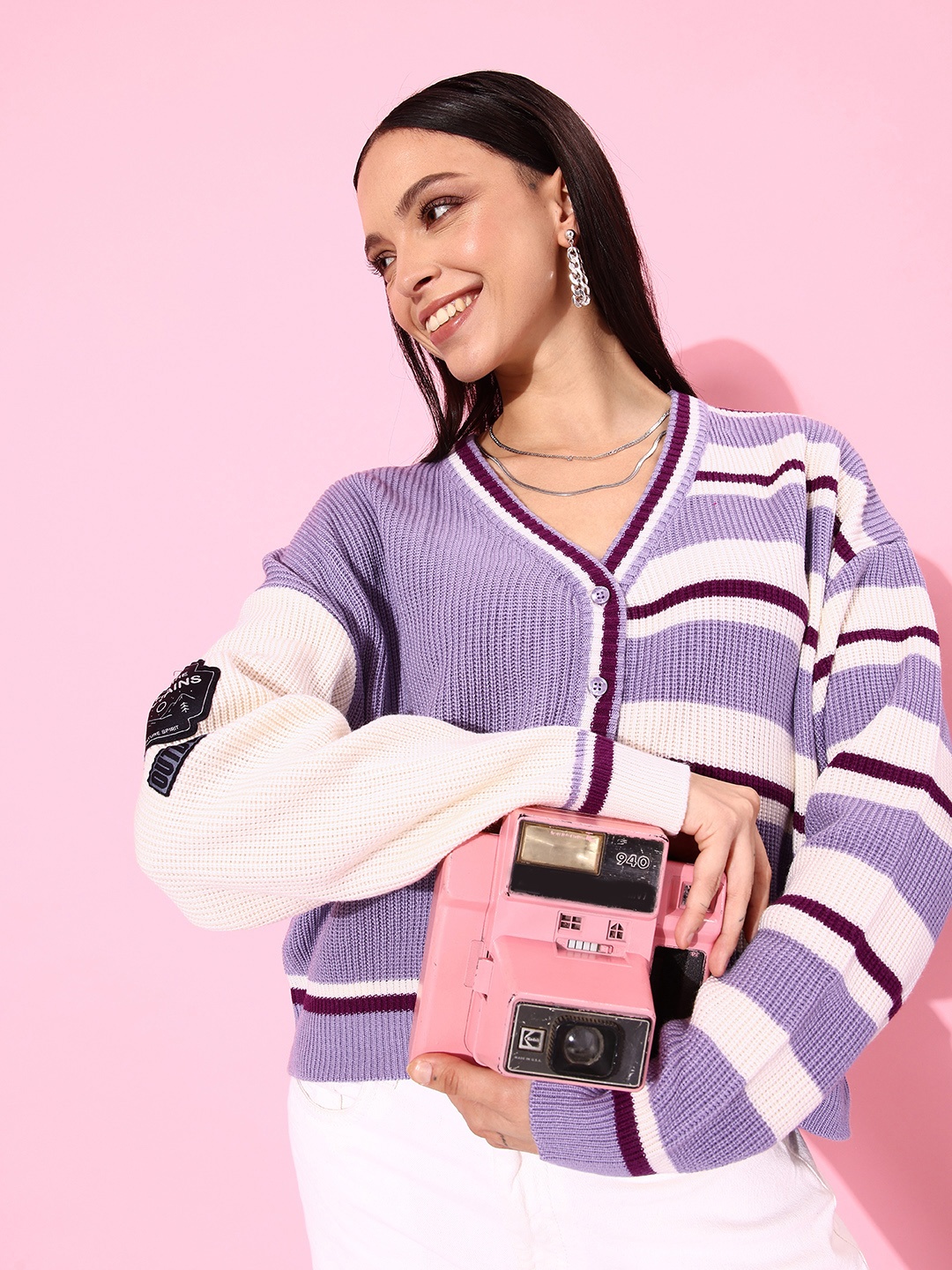 

The Roadster Lifestyle Co. Acrylic V-Neck Striped Cardigan Sweaters, Lavender