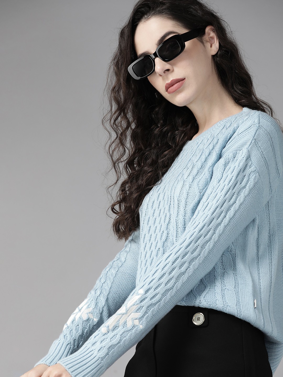 

Roadster Women Blue Cable Knit Pullover with Embroidered Detail