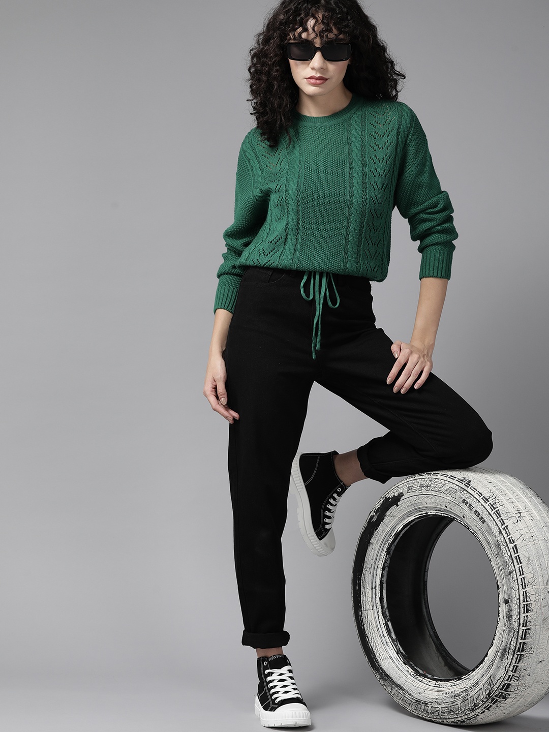 

The Roadster Lifestyle Co. Women Green Acrylic Open Knit Pullover