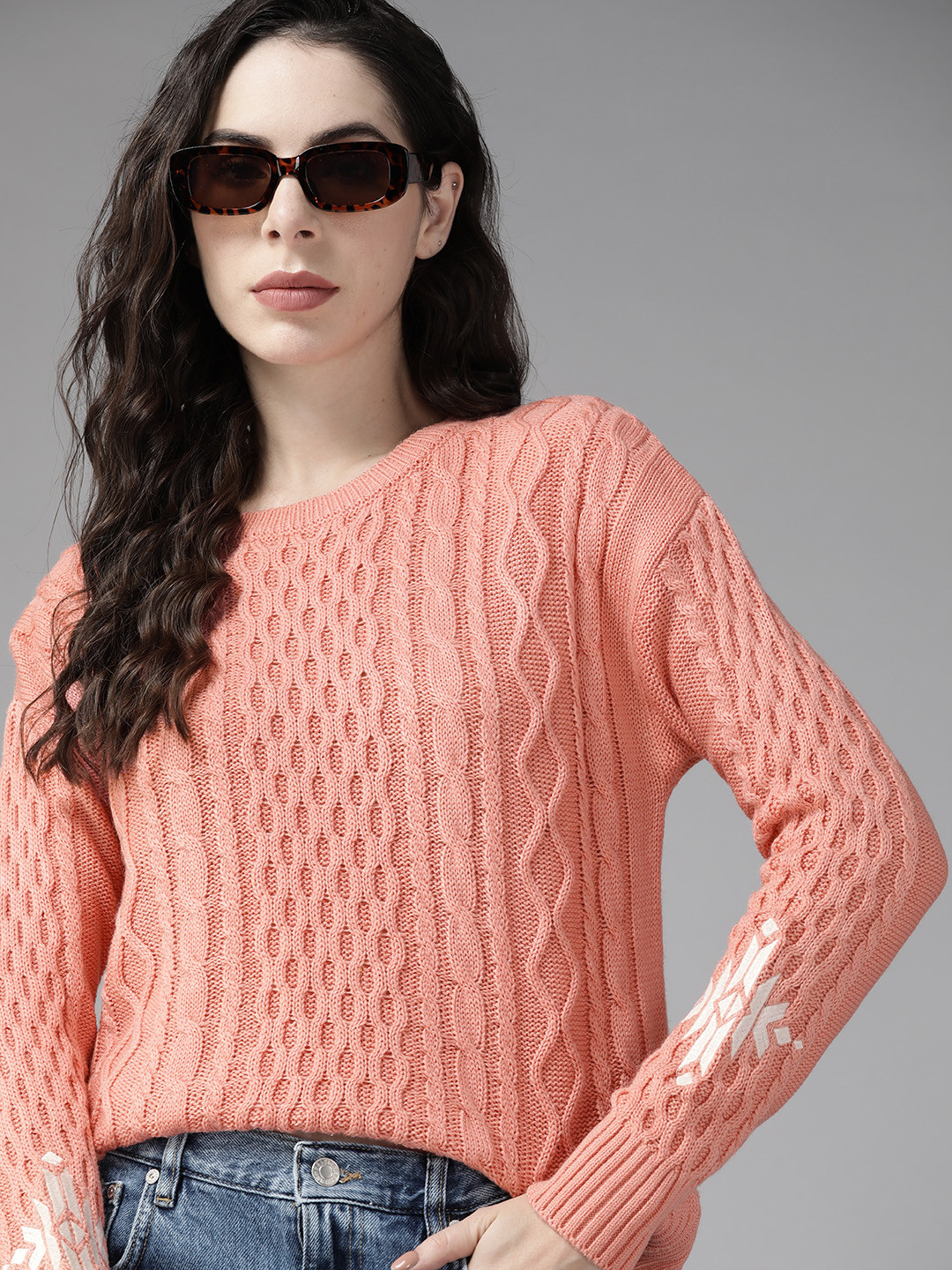 

Roadster Women Peach-Coloured Cable Knit Pullover with Embroidered Detail