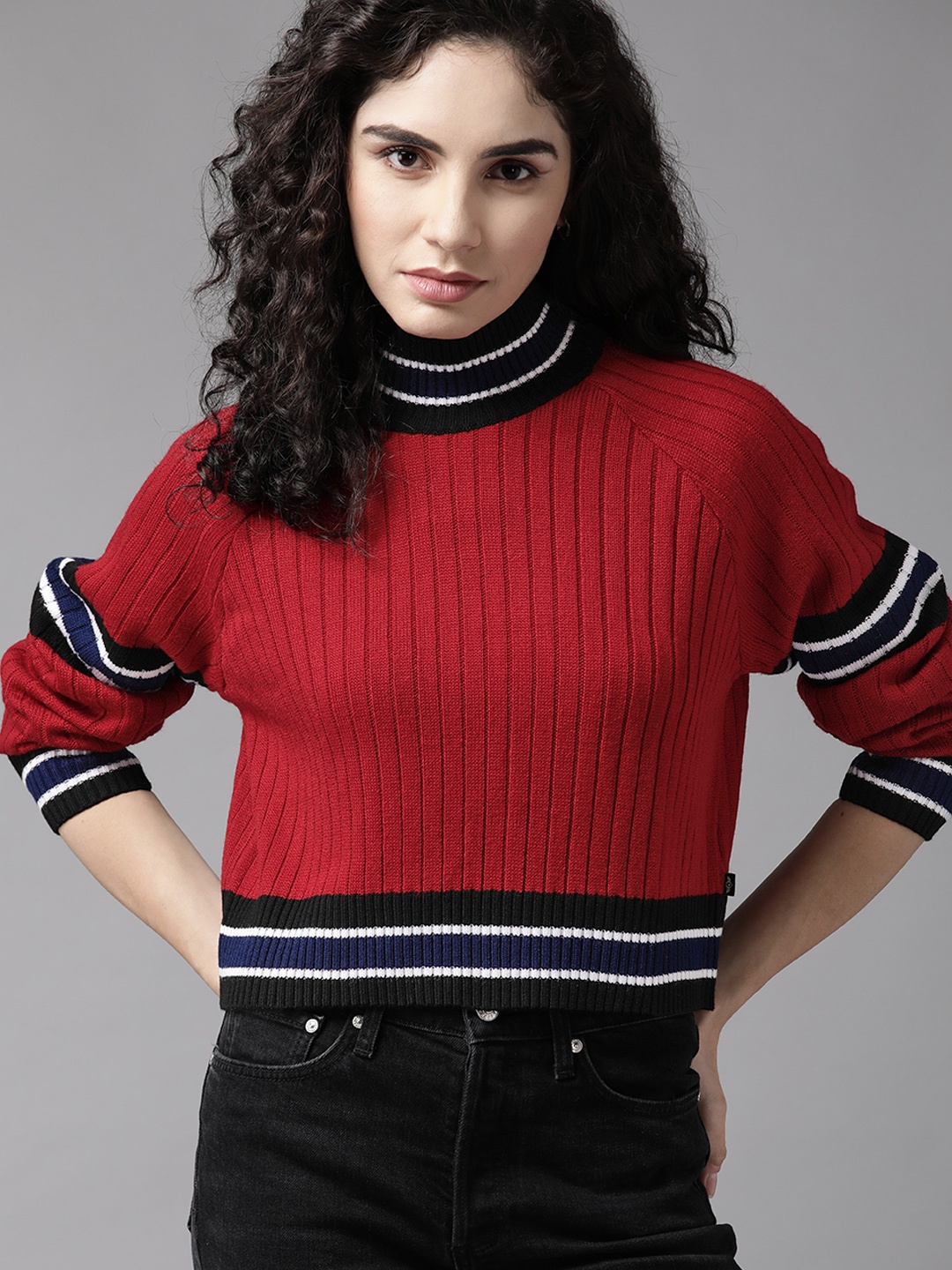 

The Roadster Lifestyle Co. Women Maroon & Black Ribbed Acrylic Sweater