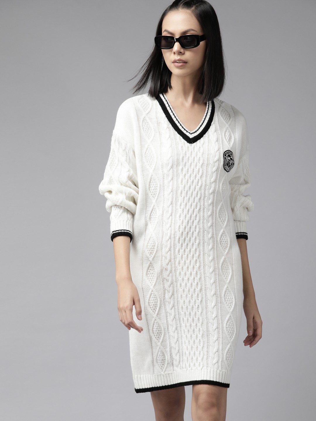 

The Roadster Lifestyle Co. Women White Acrylic Cable Knit Jumper Dress