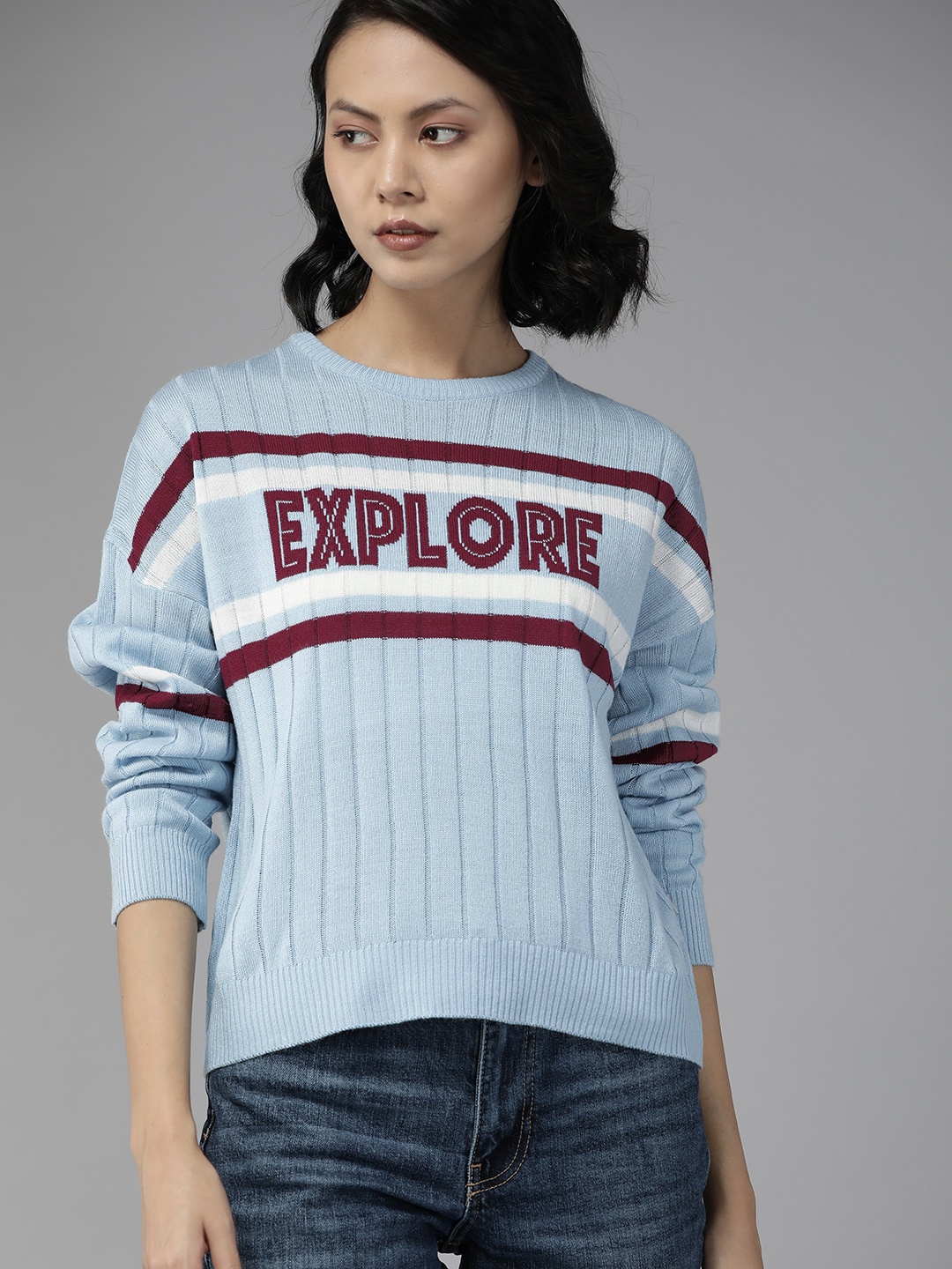 

The Roadster Lifestyle Co. Women Blue & Maroon Typography Sweater