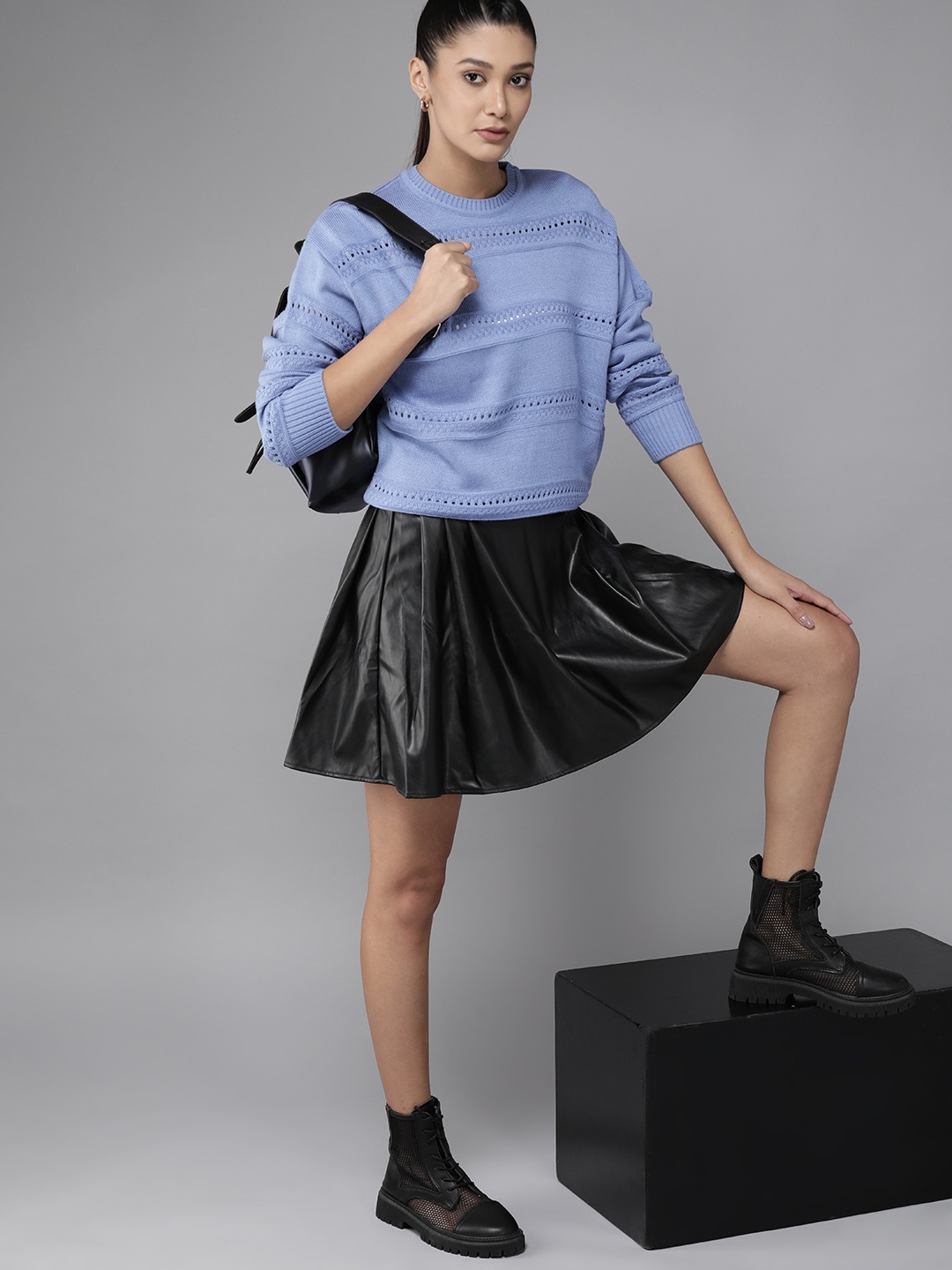 

Roadster Women Blue Cable Knit Pullover
