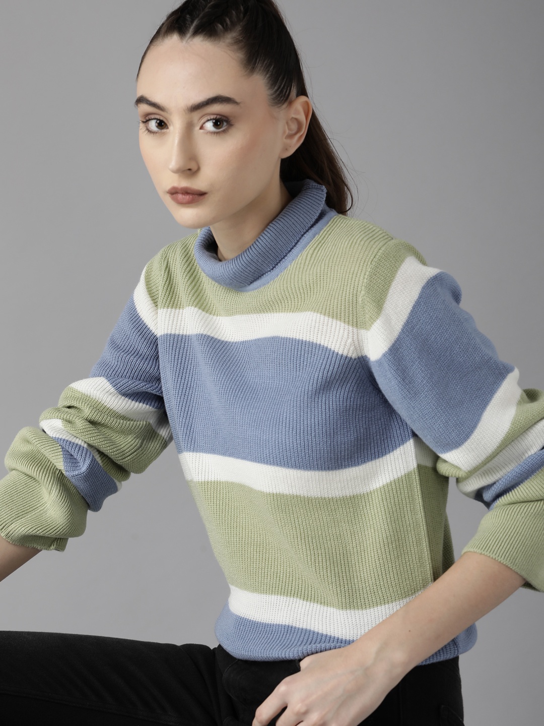 

Roadster Women Green & Blue Striped Pullover Sweater