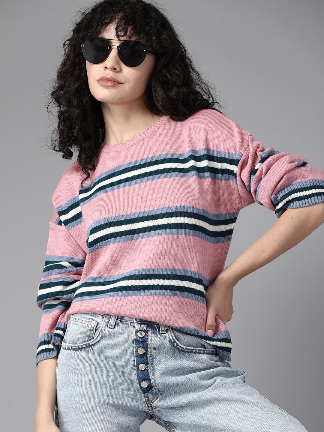

The Roadster Lifestyle Co. Women Pink & Blue Acrylic Striped Pullover