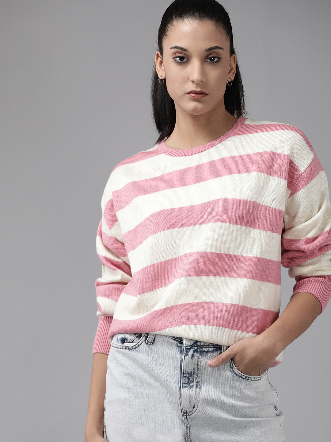 

The Roadster Lifestyle Co. Women Striped Pullover, Pink