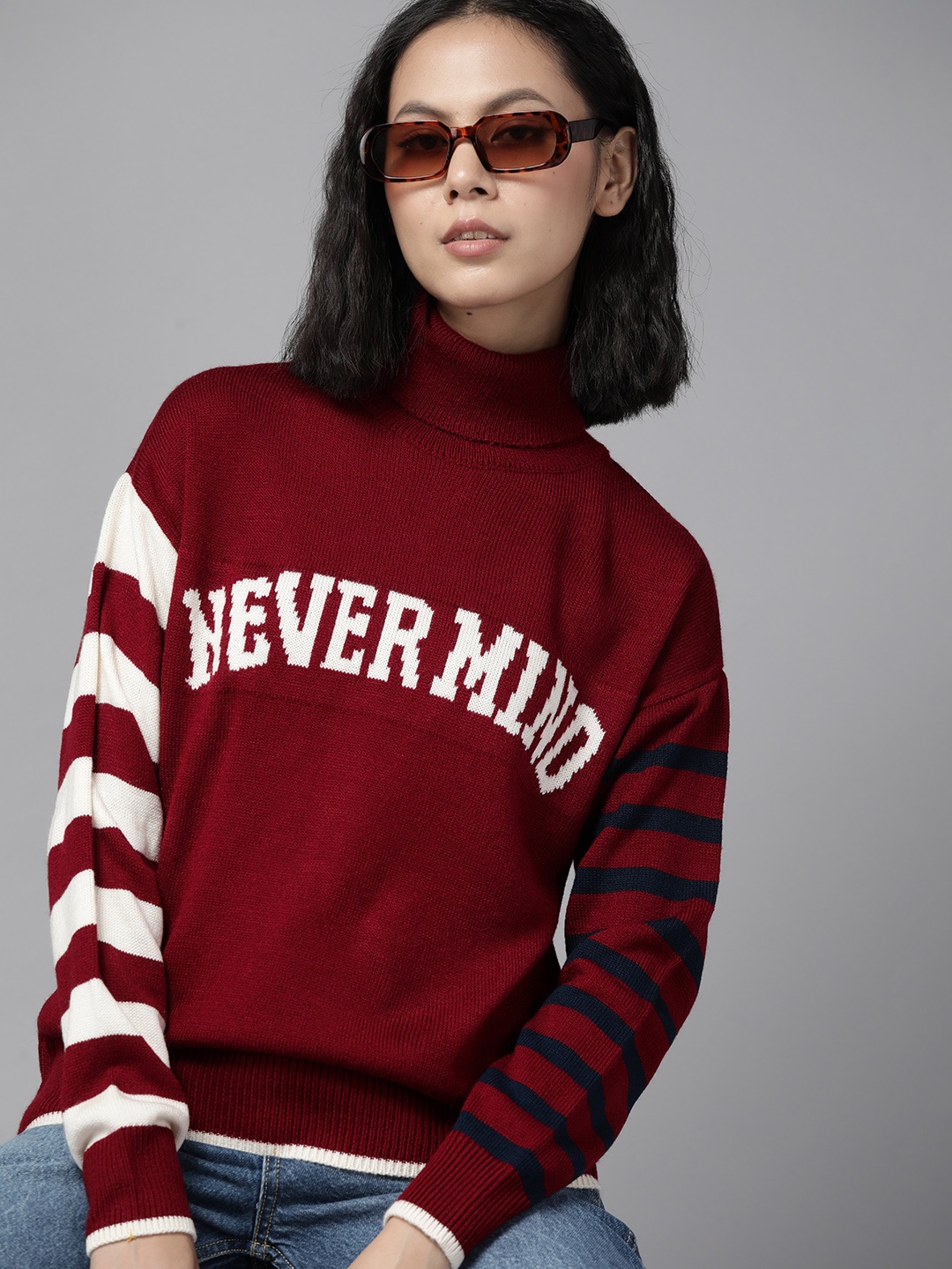 

The Roadster Lifestyle Co. Women Maroon & White Typography Acrylic Pullover