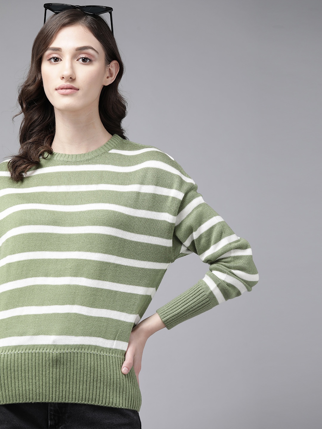 

The Roadster Lifestyle Co. Women Green & Off White Striped Acrylic Sweater