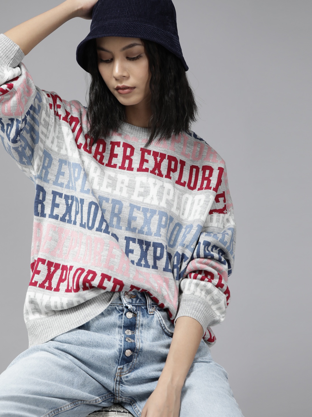 

The Roadster Lifestyle Co. Women Grey & Red Typography Pattern Acrylic Pullover
