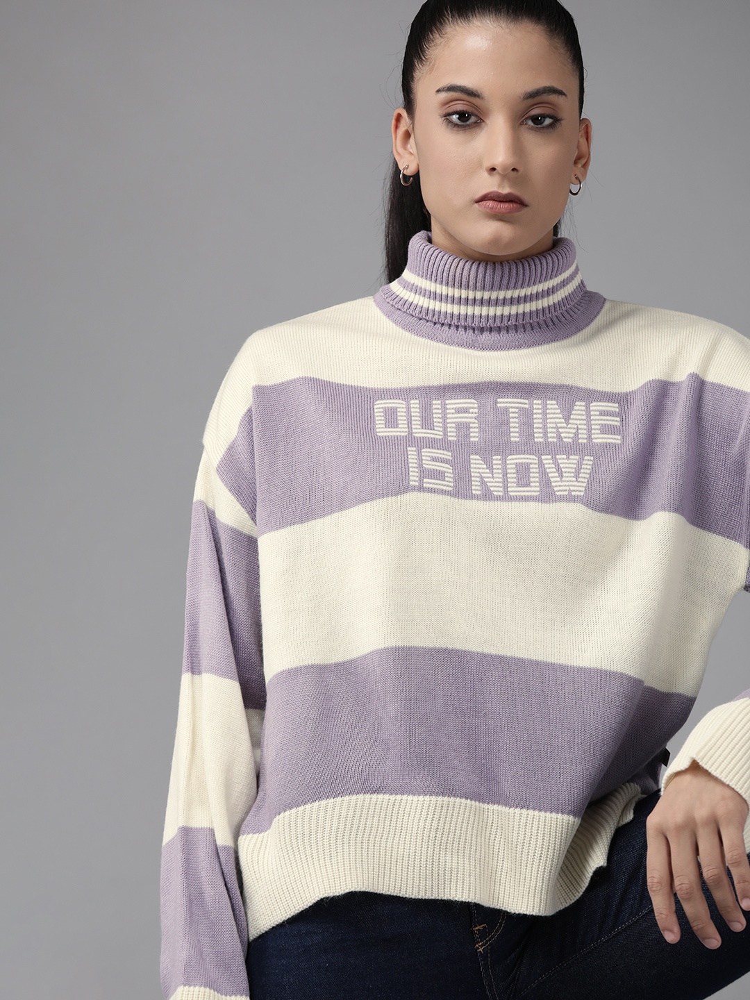 

The Roadster Lifestyle Co. Women Striped Embroidered Detail Pullover, Lavender