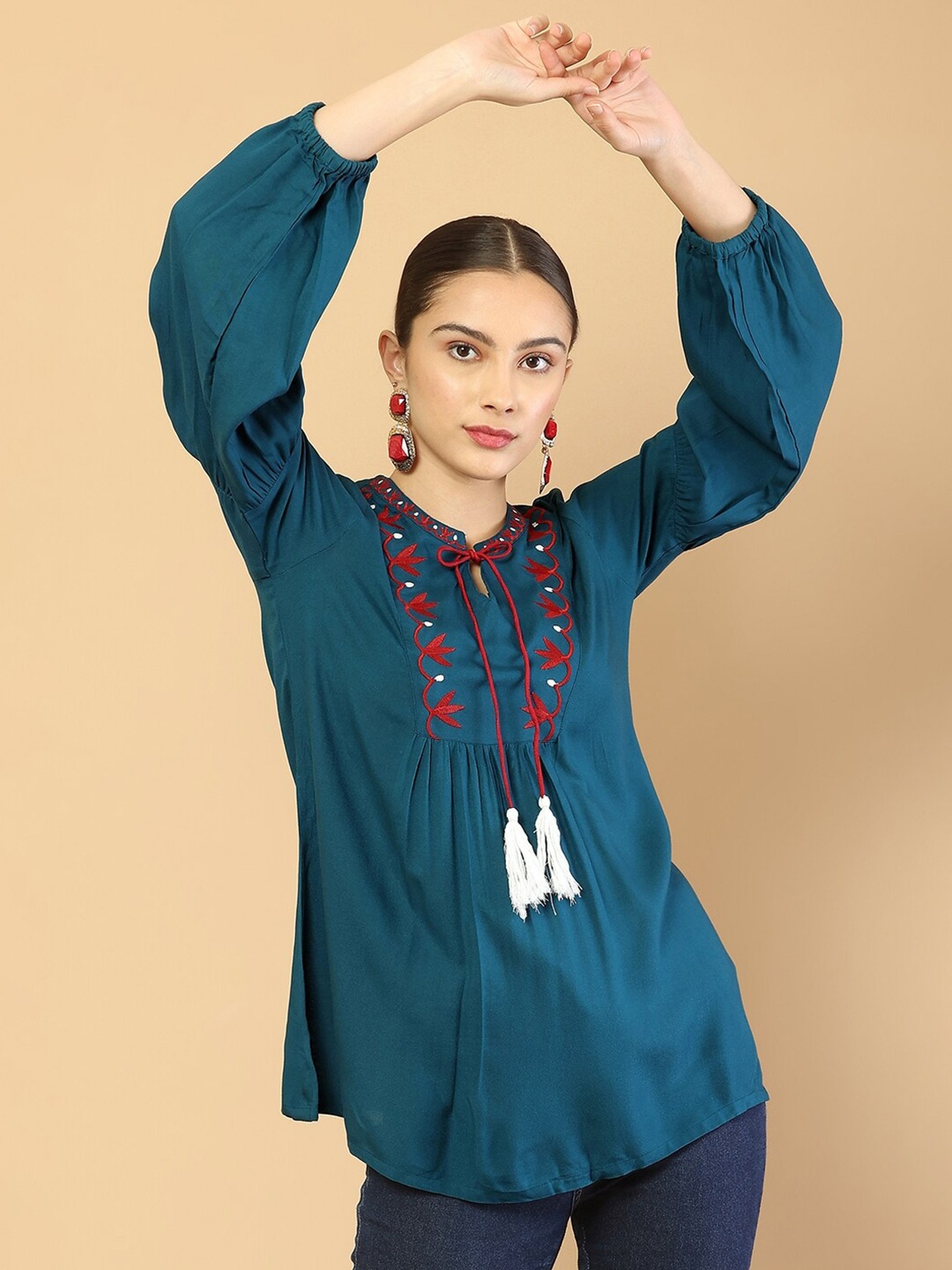 

Soch Teal & Red Viscose Rayon Tunic With Embroidery