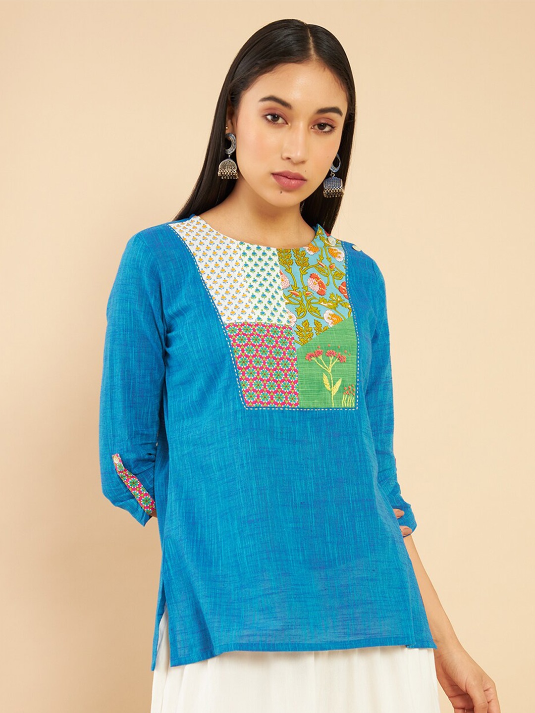 

Soch Women Blue Three Quarter Sleeve Tunics With Patch Work