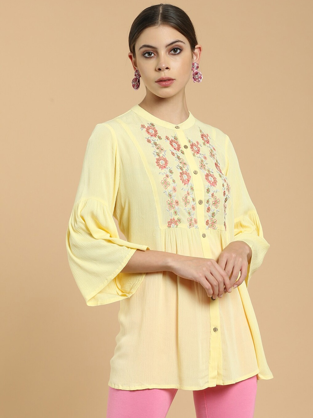 

Soch Women Yellow Floral Mandarin Collar Embroidered Tunic