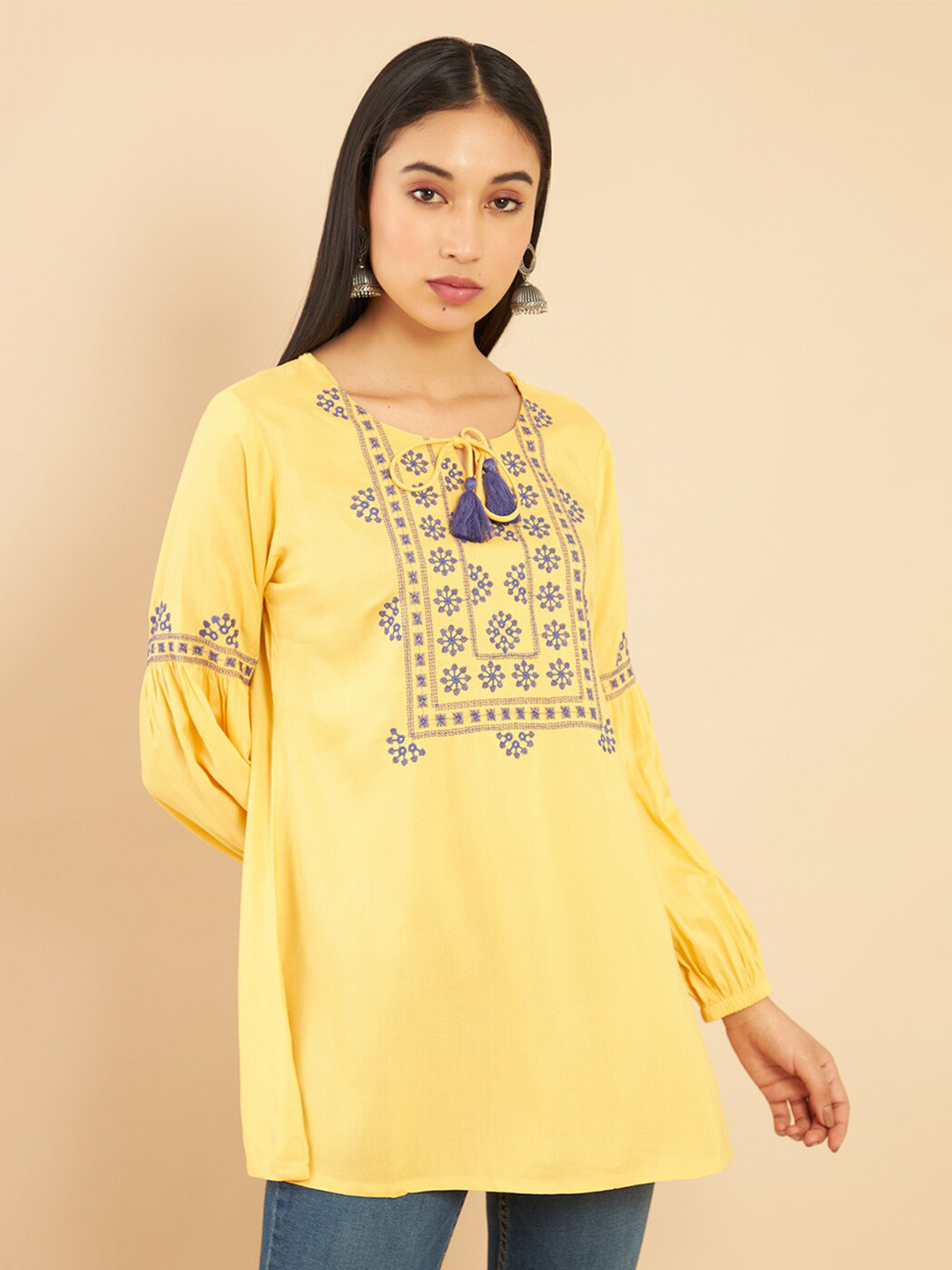 

Soch Women Yellow & Blue Embroidered Cotton Tunic