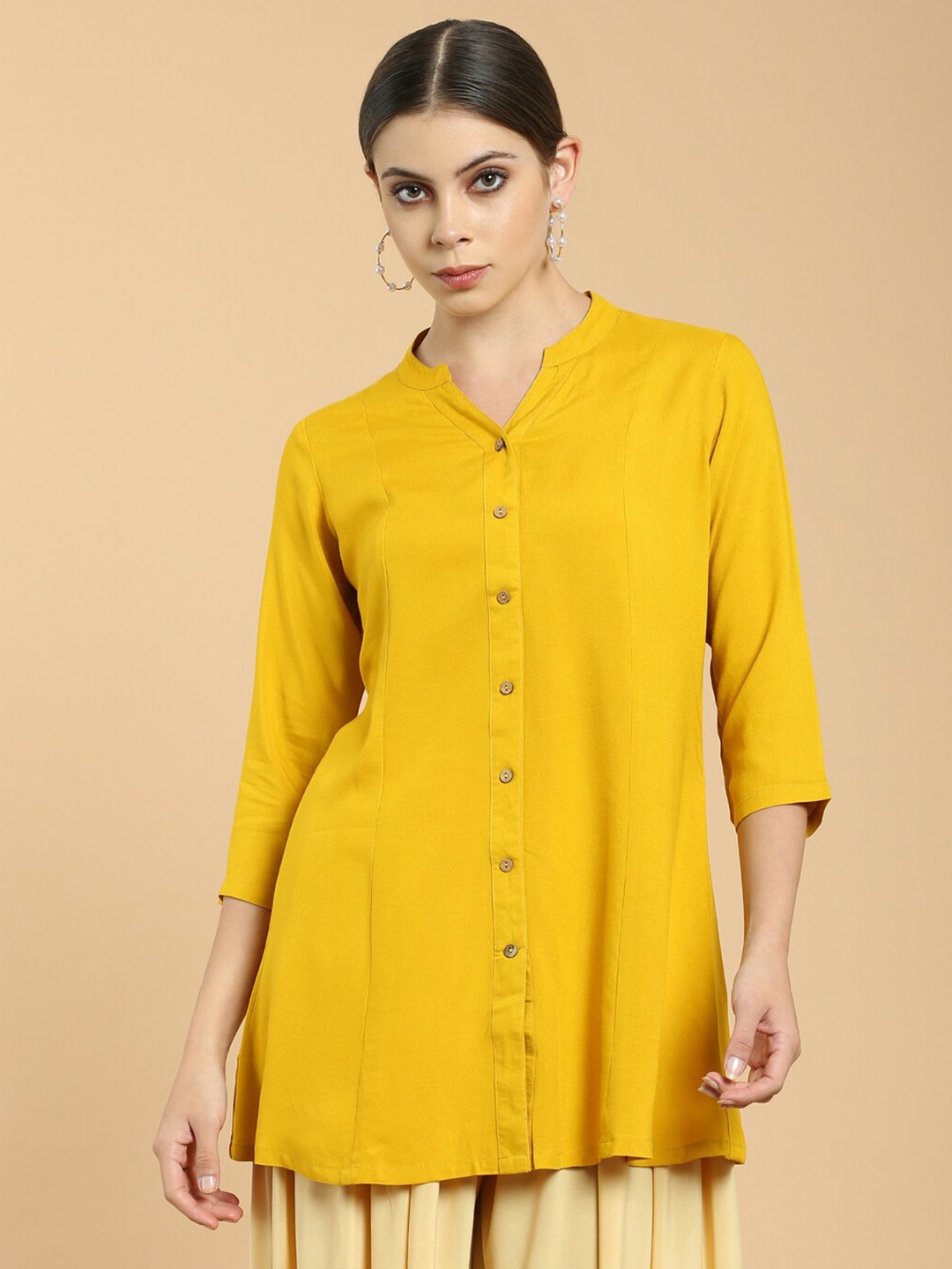 

Soch Mustard Viscose Rayon Mandarin Collar Monochrome Tunic