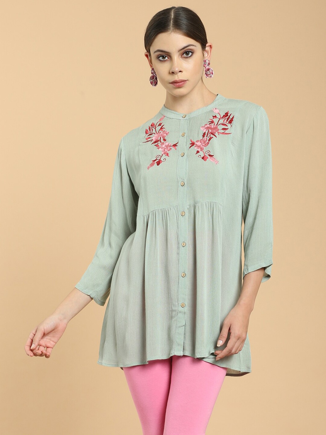 

Soch Sea Green & Pink Floral Embroidered Mandarin Collar Tunic