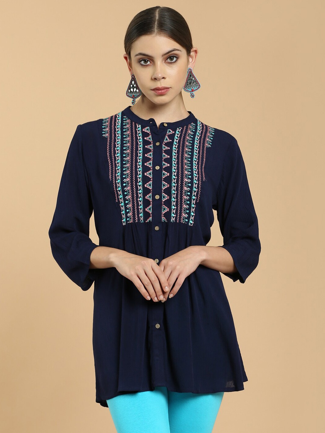 

Soch Navy Blue & Blue Viscose Rayon Mandarin Collar Tunic