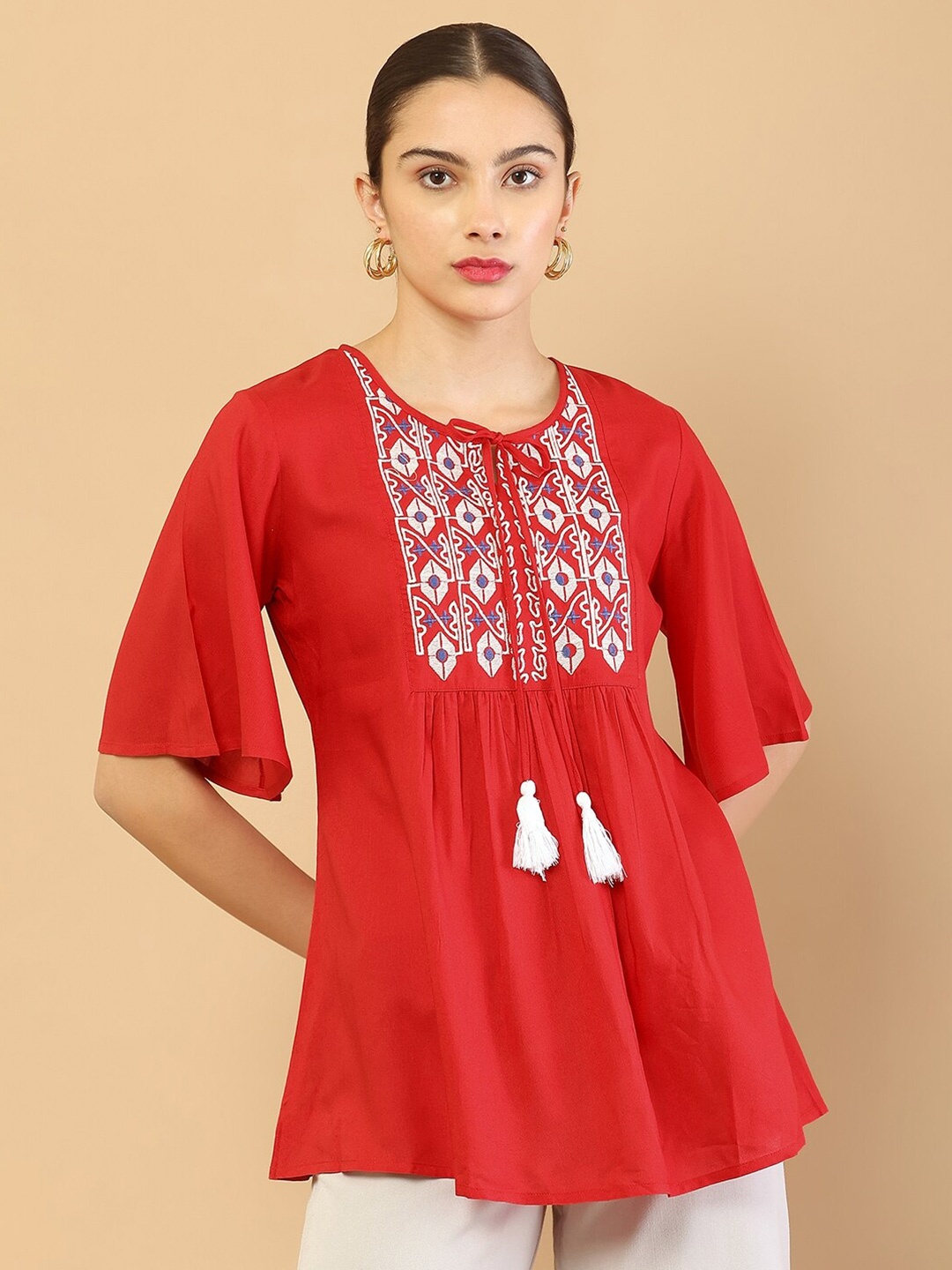 

Soch Red & White Viscose Rayon Embroidered Tunic