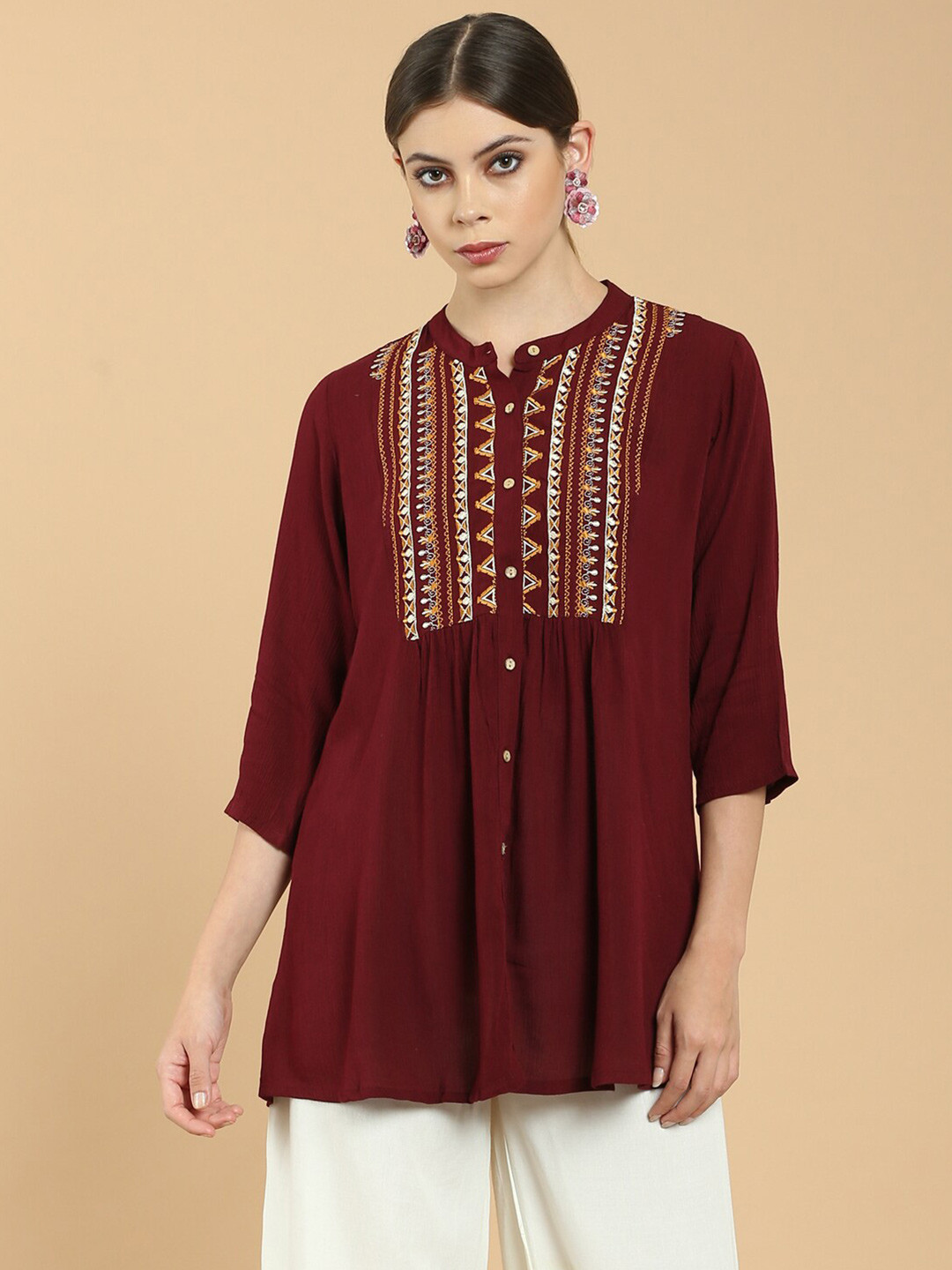 

Soch Purple Viscose Rayon Mandarin Collar Embroidered Tunic